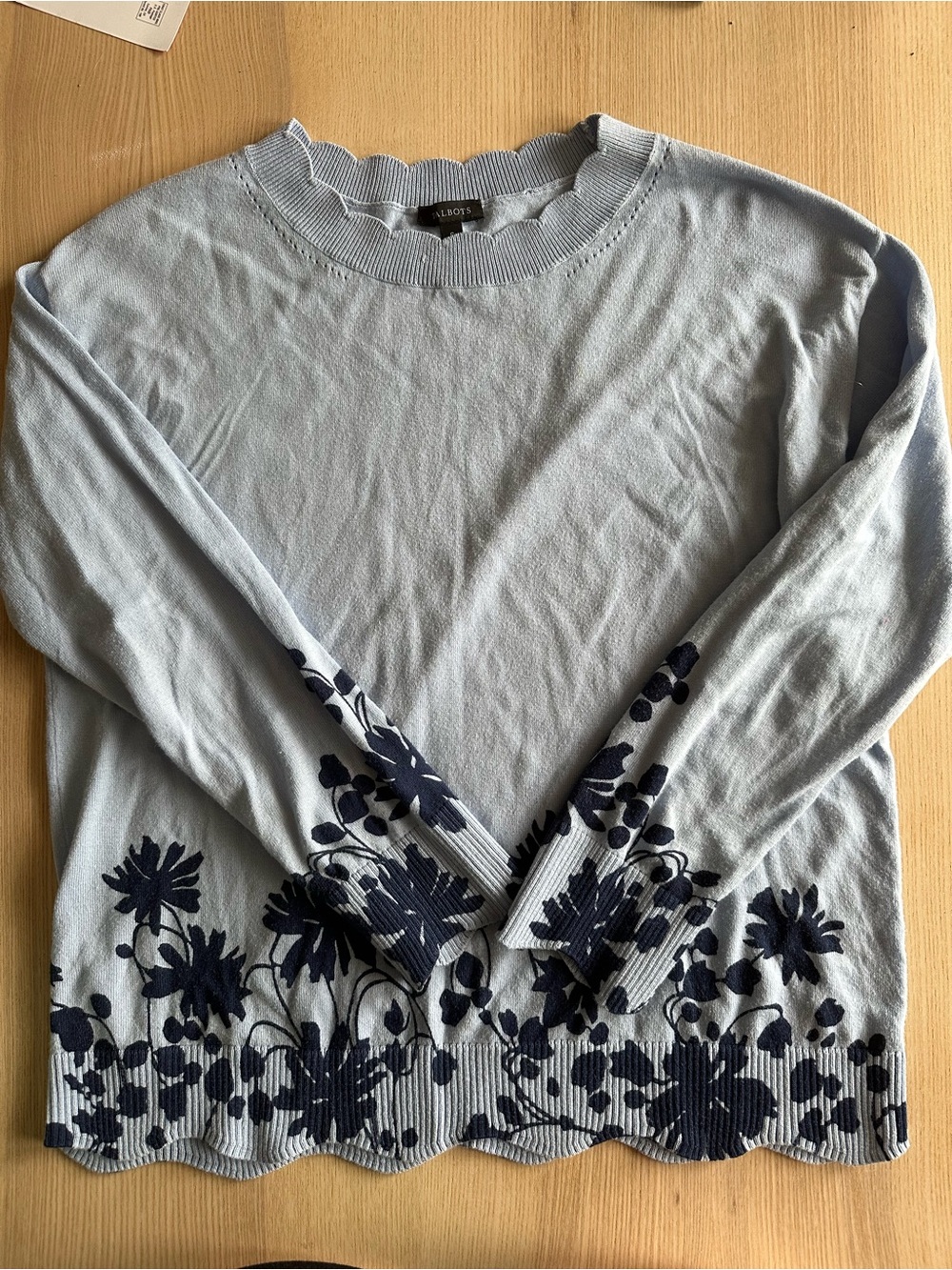 Talbots Womens Blue Floral Detail Scalloped Sweater